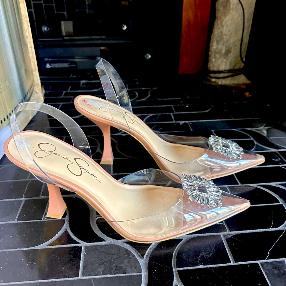Jessica Simpson Clear Jeweled Sling backs